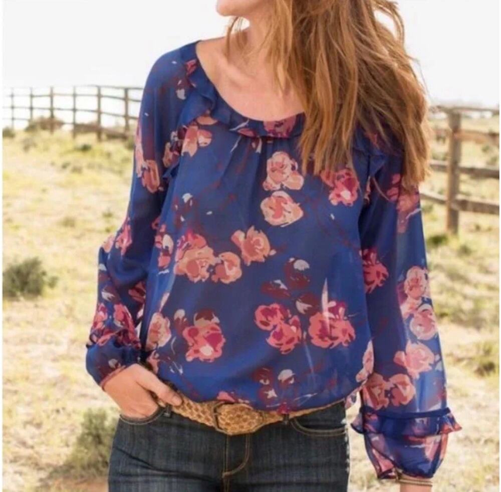 Sundance Womens Floral 100% Silk Boho Hippie Top Blouse Small River Blossom Blue